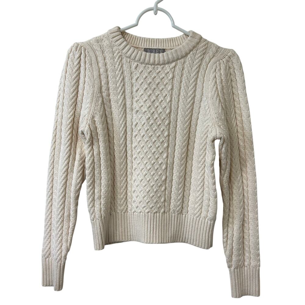 J. Crew Womens Sz XS Ivory Cream Cableknit Puff Sleeve Crewneck Sweater Preppy